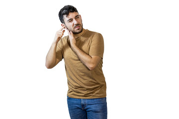 Fototapeta premium Young man suffering from earache touching ear and neck on white background. PNG