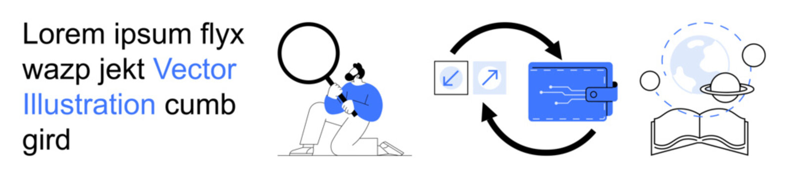 Data research, learning, global communication, digital security, technology tools, innovation. Person holding magnifying glass and interface elements. Data research and learning visual concepts