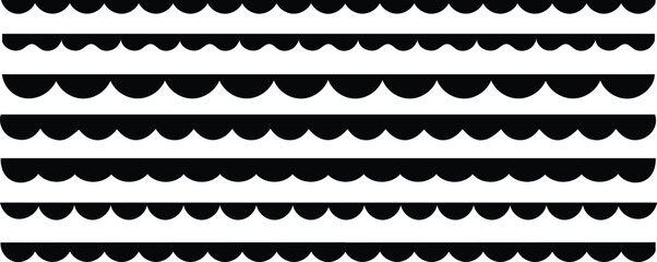 Black scalloped border divider and ornament edge isolated on white background. Scalloped edge borders and dividers, scalloped border, repeat vintage frill ornament.