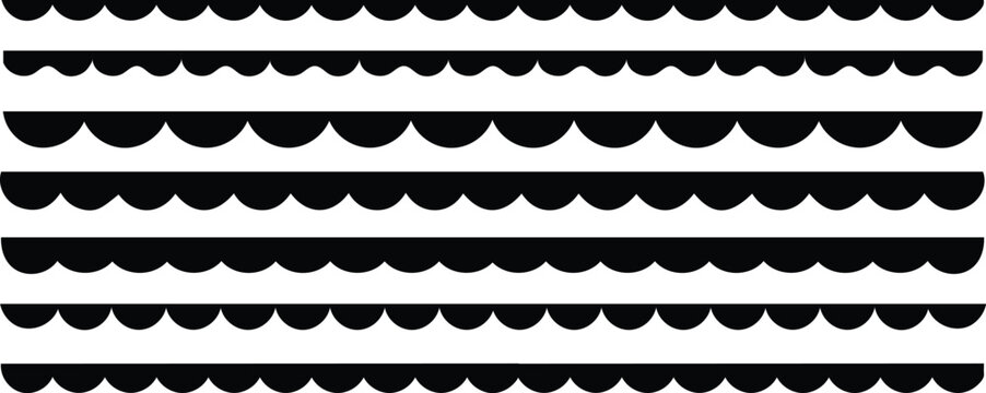 Black scalloped border divider and ornament edge isolated on white background. Scalloped edge borders and dividers, scalloped border, repeat vintage frill ornament.