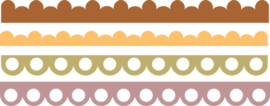 Scalloped border set, drawing line, lace border, cute textile frill stripe border, frame, pattern isolated.