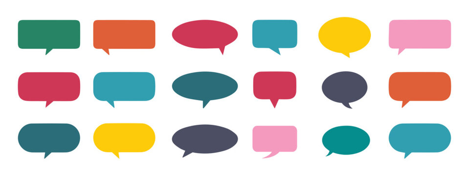 Set of colorful vector blank empty speech bubbles for text, chatting, and message box. Balloon speak sign dialog communication comic symbol.