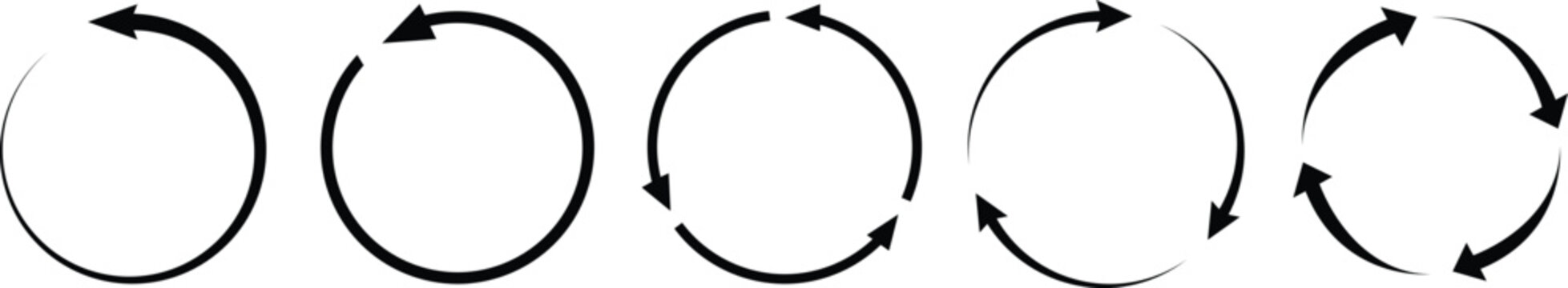 Circle arrows isolated on white background. Rotate and spinning redo process symbol. Circular rotation loading element. Circle arrow 1, 2, 3, 4, 5, icon set.