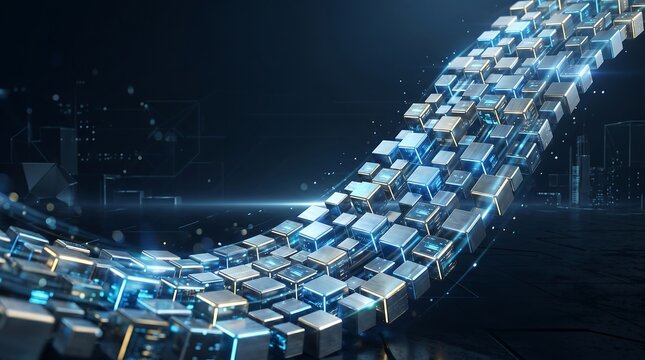 Abstract digital wave of interconnected cubes with glowing blue elements on a dark background