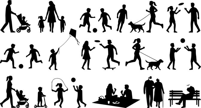 People different ages doing outdoors activities with various poses in public park vector silhouettes. People all ages playing in park family bonding leisure time black silhouette set. 