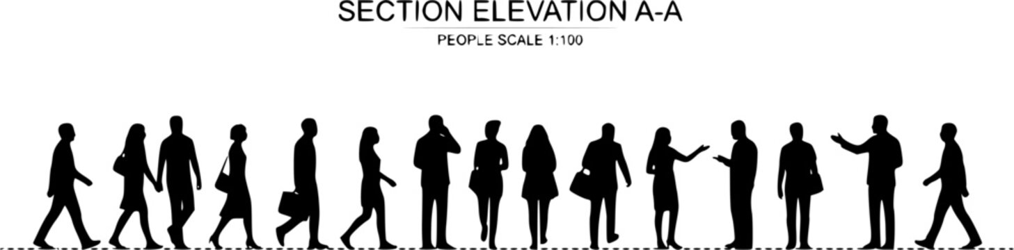 People silhouettes in elevation side view | Architecture people | silhouettes of people | 2D people | Section Elevation View | Architectural drawing people | characters 