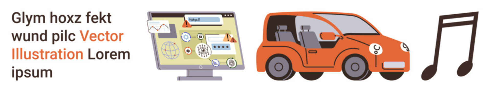 Technology, electric vehicles, music, energy, multimedia, digital content. A screen with alert icons, an orange electric car with a charging icon and a musical note. Technology and electric vehicles