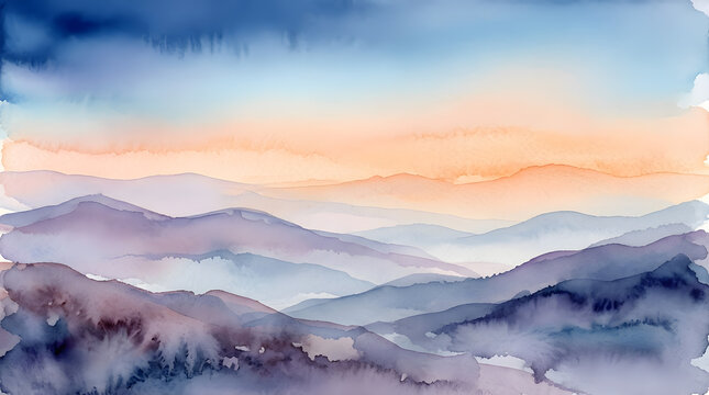 Watercolor painting of misty mountain ridges at sunrise with orange sky