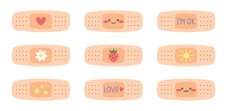 Medical plasters set. Hand drawn adhesive bandage with decor. Strip medical patch with cute doodle elements. First Aid band in flat style. Vector illustration isolated on white background.
