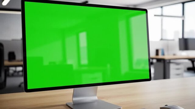 Close up of green screen displayed on computer in empty business workspace with modern design and natural light