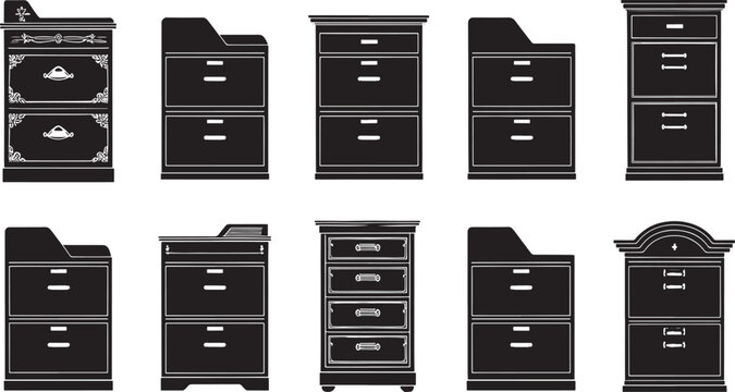 Collection of vintage filing cabinets and storage units with filing cabine