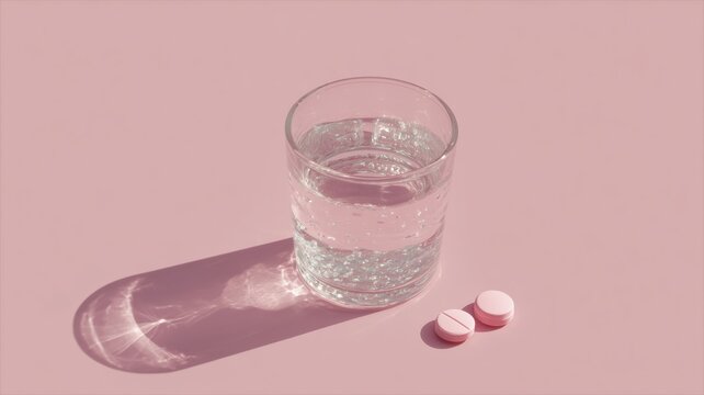 透明な水が入ったグラスとピンク色の錠剤が並んでいる。医療や健康管理のイメージ素材