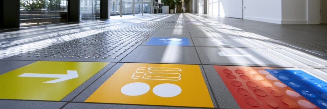 Tactile floor guides and visual markers assist navigation in a bright hallway of a corporate building designed for accessibility.