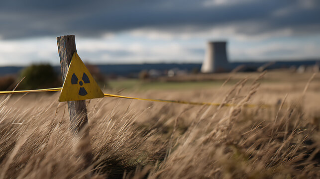 Industrial Warning: Radiation Symbol Against a Cooling Tower Backdrop in a Dry Grassy Field on a Cloudy Day, Caution Area