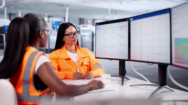 Two Women Monitor Real-time Production Tracking