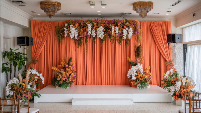 Stage with Orange Drape Backdrop and Floral Arrangements