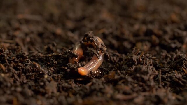 Single earthworm in soil, macro shot, zoom in