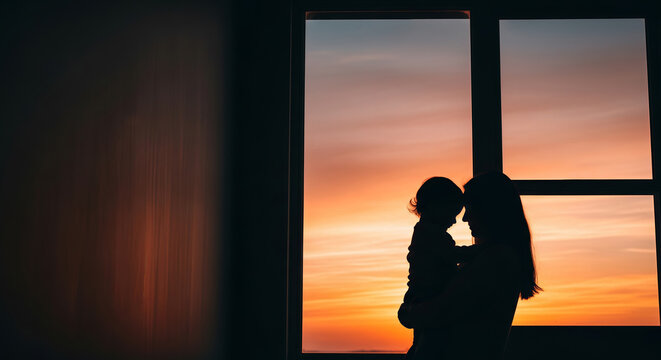 Mother holding baby silhouetted against window at sunset. Parent cuddling child in evening lighting. Childhood, maternity and parenthood concept. Love and family care at home.
