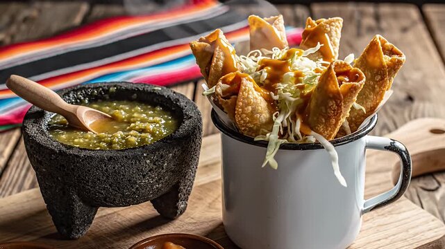 Close up of mexican cuisine taquitos and green sauce