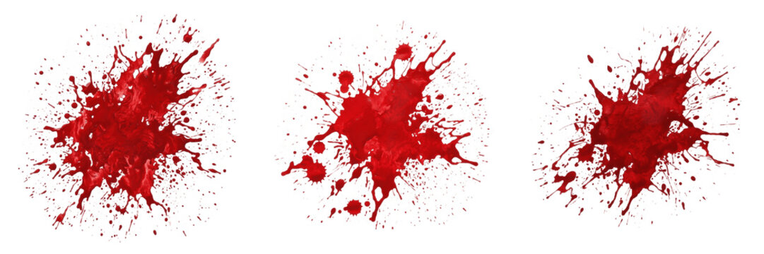 Set and collection of red paint splash splat isolated on white background
