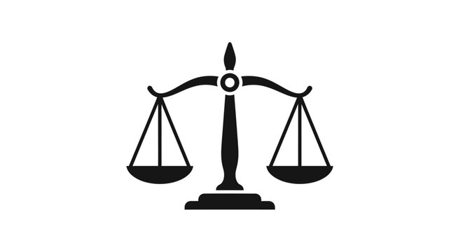 Scales of justice stand balanced on a flat surface to represent legal fairness, equality, and the impartial nature of judicial systems in this stark black and white vector illustration for concepts.
