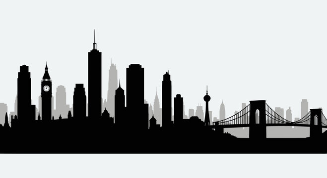 Cityscape Silhouette with Bridge and Clock Tower - Urban Skyline Vector