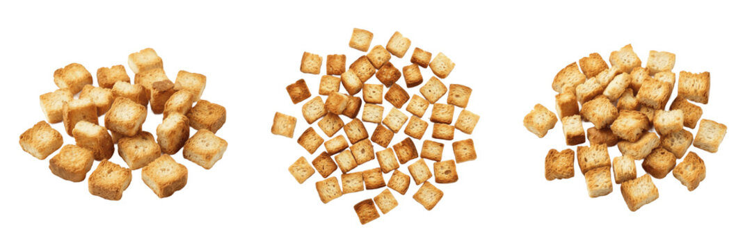 Set and collection of pile of bread croutons isolated on white background