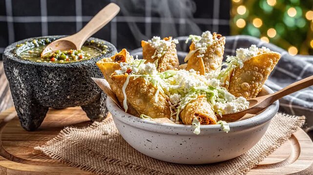 Delicious crispy rolls with green sauce culinary composition