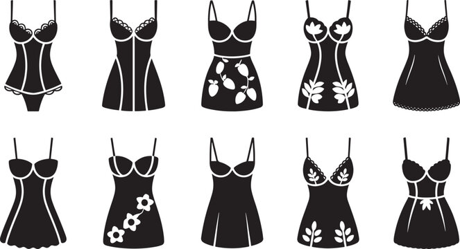 Collection of lingerie and night dresses with floral patterns vector bundle set