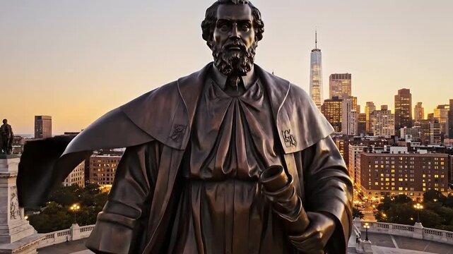 Giovanni da Verrazzano bronze statue in NYC at sunset, dramatic tilt up showing Manhattan skyline and One World Trade Center, historical monument for travel and heritage media.
