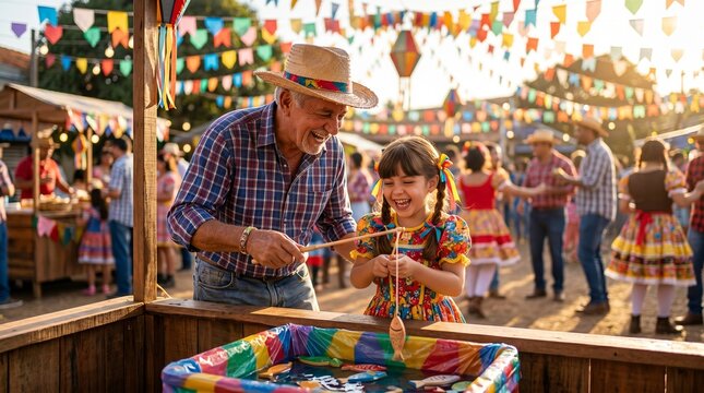 Happy Grandfather and Granddaughter Playing Traditional Fishing Game at a Colorful Brazilian Festa Junina Celebration