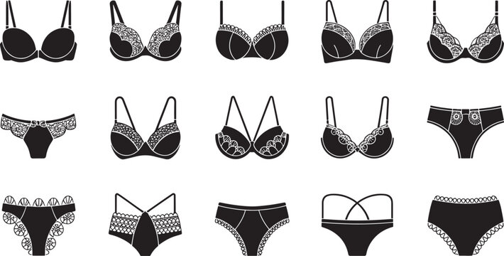 Black line art of various lingerie with lace sets vector bundle set