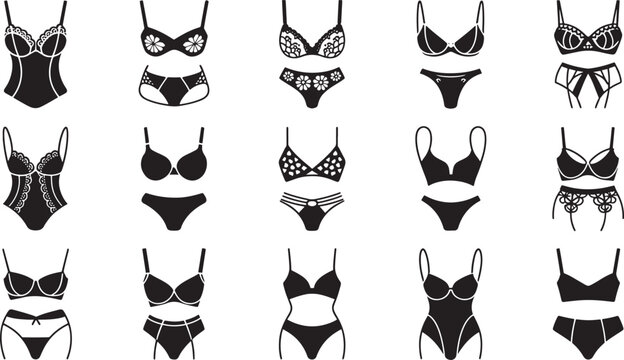 womens lingerie and swimwear with lace line art vector bundle set