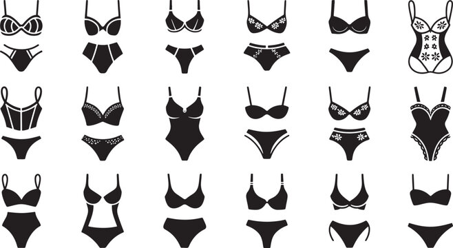 Various womens lingerie and swimwear with lace line art vector bundle set