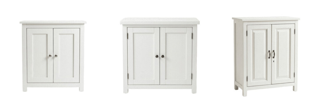 Set and collection of white wooden cabinet isolated on white background