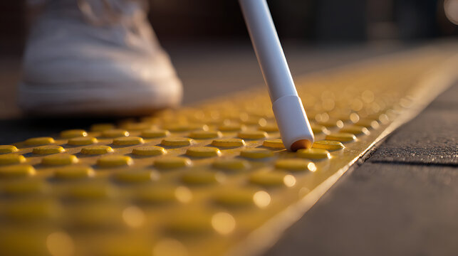 A close-up view of a person using a white cane on a bright, yellow tactile paving strip, highlighting accessibility in urban environments
