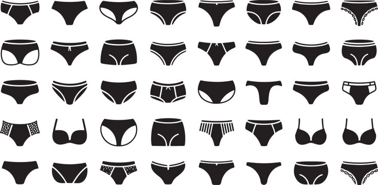 Collection of black underwear and swimwear icons vector bundle set