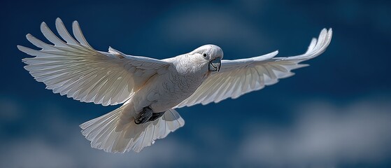 Obraz premium Cockatoo flying high in clear blue sky with minimal composition