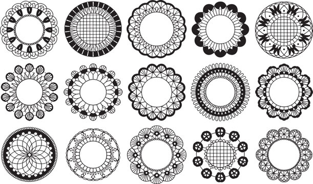 Set of sixteen intricate black and white floral lace doily patterns in circular designs vector bundle set