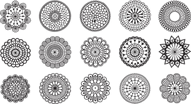 Set of fifteen intricate black and white floral lace doily patterns in circular designs vector bundle set