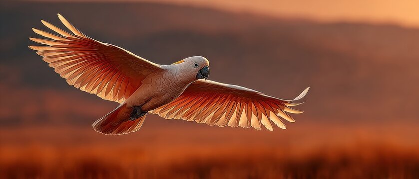 Cockatoo silhouette in sunset sky with illuminated feathers