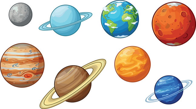 Solar system planet collection with Earth, Saturn, Jupiter, Mars, and space cartoon illustrations