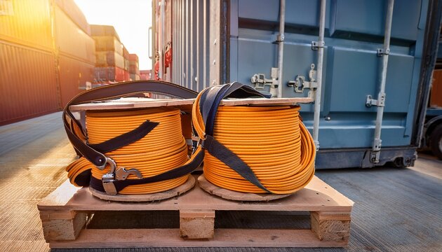 close up of ratchet straps securing container boxes on truck pallets highlighting raw material transportation and safety measures in product photography