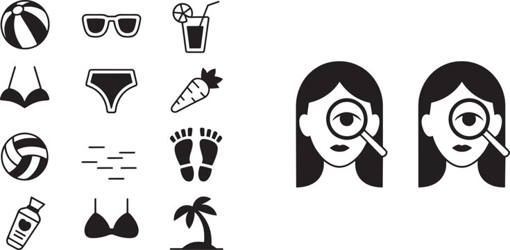 beach and women with magnifying sun glasses Black icons of vector bundle set