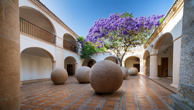 interior of the gilardi house of the famous architect luis barragan central courtyard with stone spheres and jacaranda tree