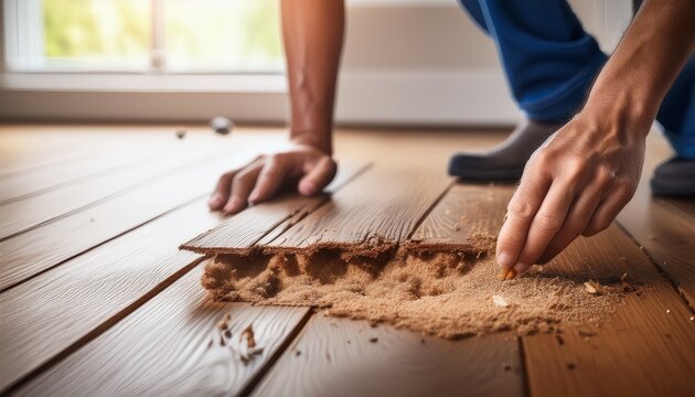 close up of a homeowner inspecting a termite damaged wooden floorboard