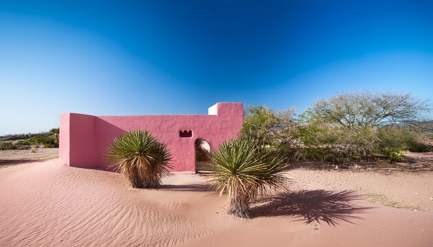 luis barragan s cuadra san cristobal pink wall endemic vegetation and sandy ground in the background