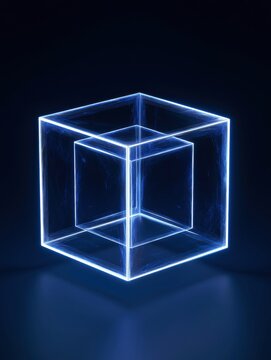 Explore a rotating hypercube tesseract with glowing edges in a dark blue setting, showing its four-dimensional geometric form clearly.
