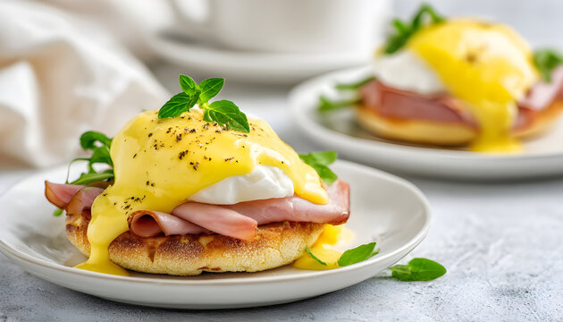 Eggs Benedict with hollandaise sauce on English muffins and ham served on white plates, light background, gourmet breakfast concept.
