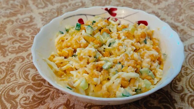 Corn salad with crab sticks, mayonnaise in white plate on patterned tablecloth in restaurant, close-up overhead view highlighting